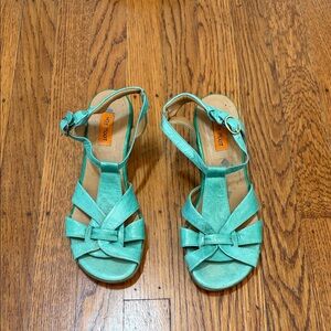 Miz Mooz Teal Strappy Sandals – Peep Toe Kitten Heel – EU 36